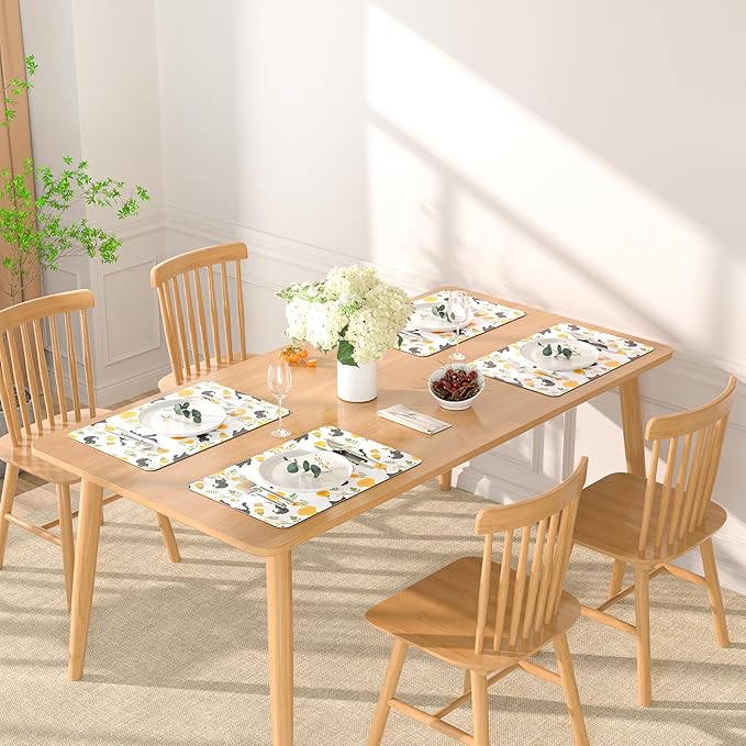 QIYI Placemats Set of 6, 12x18 Inch Faux Leather Place Mats for Kitchen Dinning, Heat Resistant Anti Slip Flower Table Mats, Waterproof Wipeable Washable Placemat Party Table Décor, Cute Black Kittens