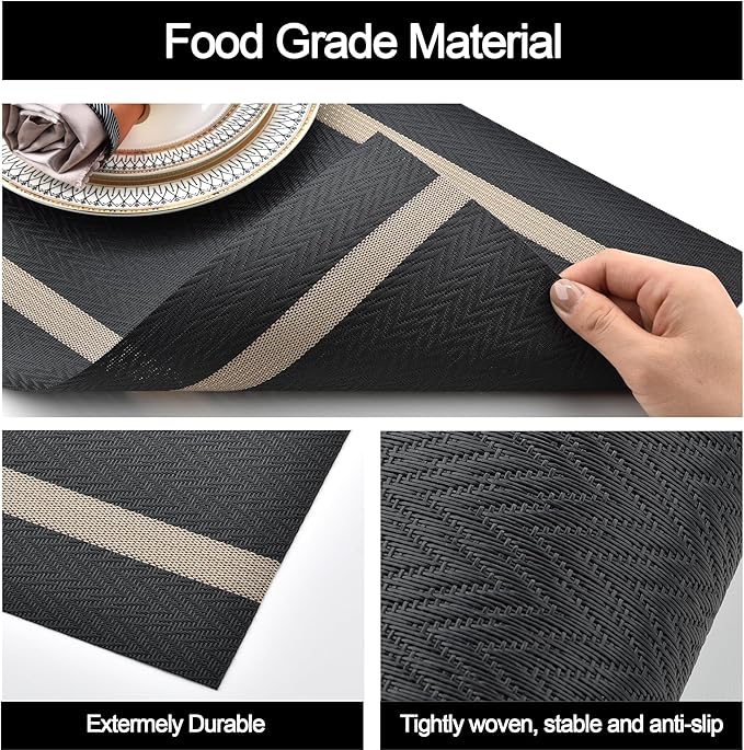 SLKQG Black Placemats Set of 6 - Easy Clean Modern Durable Washable Vinyl Place Mats - Heat Resistant Placemats for Kitchen Table - PVC Table Mats for Dining Table (Black with Stripes, 6)