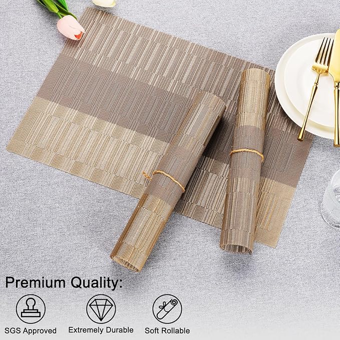 Placemats Set of 4, Vinyl Woven Place Mats Indoor Set of 4 Washable Wipeable PVC Table Mats Heat-Resistant Non Slip Plastic Placemat for Kitchen Dining Outdoor Table (Gray Gold, Set of 4)