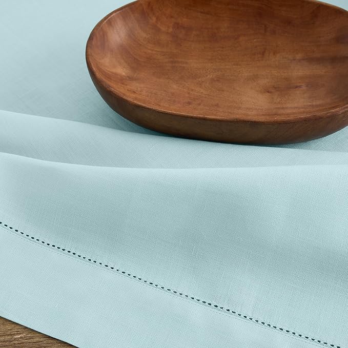 Solino Home Linen Tablecloth for Rectangle Tables 60 x 156 Inch - Classic Hemstitch 100% Pure Linen Aqua Blue Table Cloth - Machine Washable Cloth Tablecloth for Spring, Easter