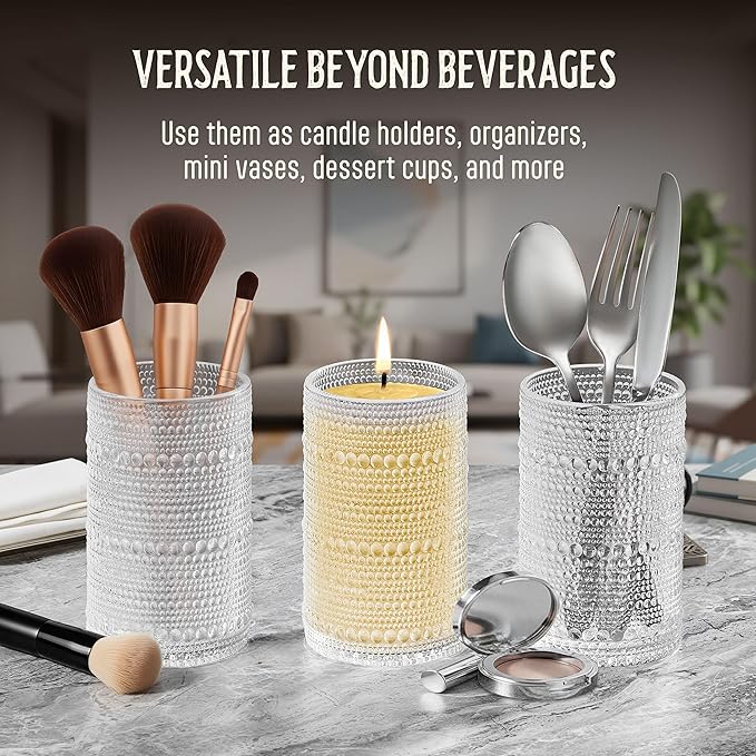 16 Oz Hobnail Drinking Glasses Set of 6 - Clear Multipurpose Glassware Sets, Decorative & Stylish Glasses Drinking Set for Bar, Kitchen, Cocktail Glassware, Garden - Home, Dining, & Kitchen