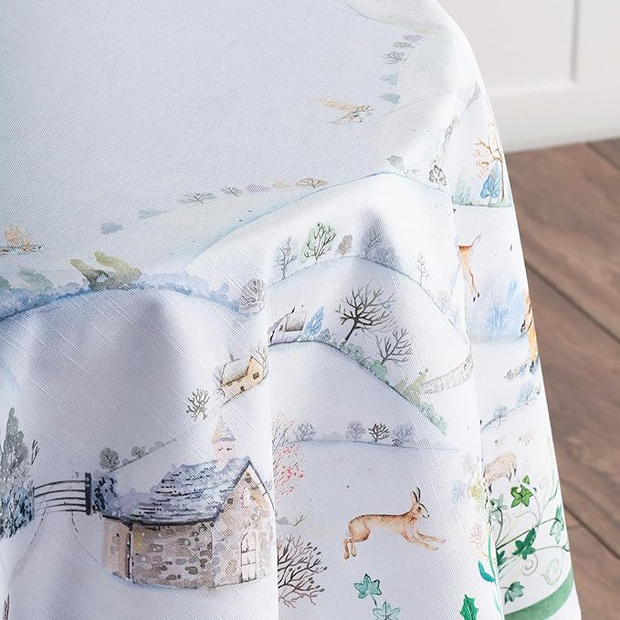Maison d' Hermine Table Cloth Round Table 100% Cotton 63 Inches Fall Tablecloth Reusable Everyday Use for Thanksgiving Christmas Decorations Dining Farmhouse Party (Snowy World)