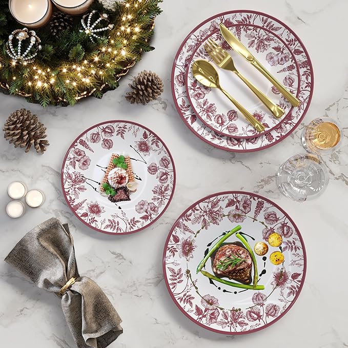Trendables Disposable Plates For Party Supplies | Burgundy Floral Plastic Plates For Wedding 40 Pcs - 20 X 8 & 20 X 10 Dinner Plate Sets | Floral Plate Set Disposable Plastic Dinnerware Sets