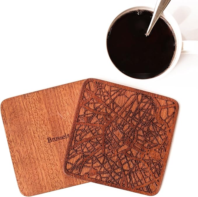 Brussels Map Coaster by O3 Design Studio, Set Of 4, Sapele Wooden Coaster With City Map, Handmade