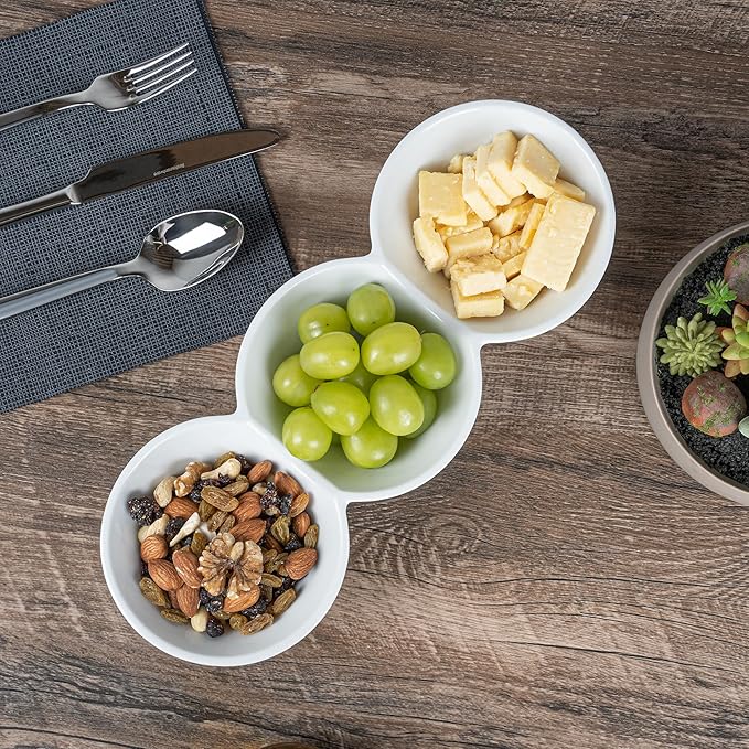 Restaurantware-13.4 x 4.9 x 2.3 Inch Triple Dip Bowls, 1 Microwavable Condiment Server - 3 Compartments, Microwavable, White Porcelain Dip Tray, Dishwashable, For Snacks, Condiments, Or Toppings