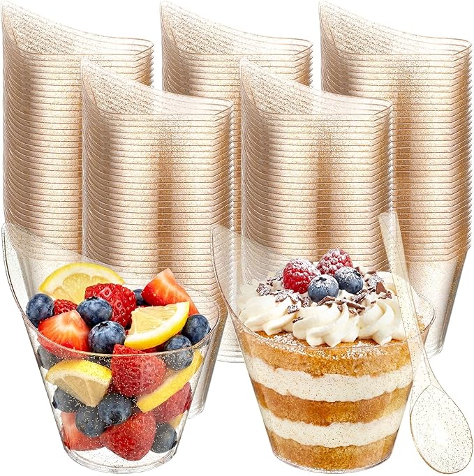 150 Pack Gold Glitter Plastic Dessert Cups with Tasting Spoons, Appetizer Cups Yogurt Parfait Bowls with Spoons for Party Supplies Catering Chocolate Desserts Buffet Food Display (7 oz)