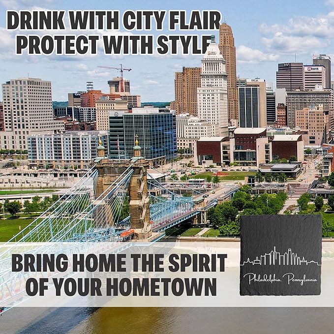 Blue Ridge Mountain Gifts - Philadelphia PA Skyline Coasters, Set of 4 - Philadelphia Pennsylvania Souvenir, Slate Coasters with Minimalist Skyline, Housewarming Gift for Friends, Family, & Neighbors