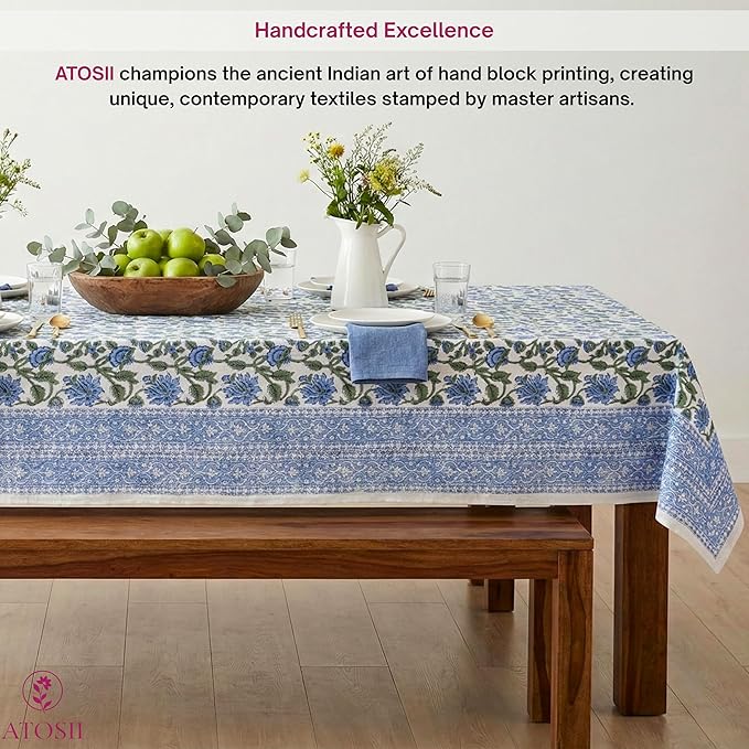 ATOSII Taj 100% Cotton Summer Tablecloth, Block Print Floral Rectangle Table Cloth for Dining Table I Parties Wedding Outdoors, Grand Millenial Decor 60 X 108 Inches I 8 Seater
