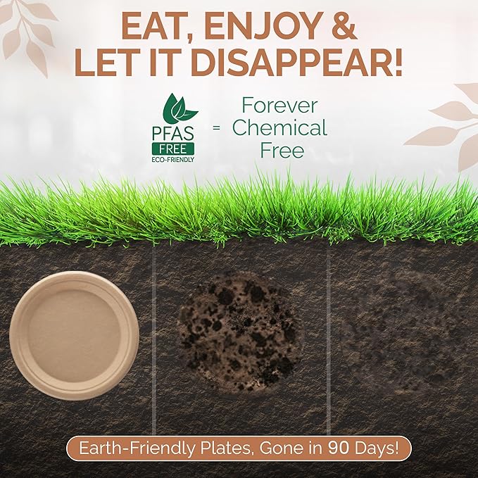 Heavy Duty Eco-Friendly PFAS-free Compostable Plates, Disposable Plates - Sugarcane Party Plates | 100% Bagasse Biodegradable (75, Natural, 10")