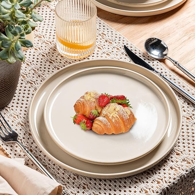 GBHOME Ceramic Dinnerware Sets for 8, 24 Pieces Stoneware Plates and Bowls Sets, Scratch Resistant Dishes, Dishwasher & Microwave Safe, Reactive Glaze-Vanilla color