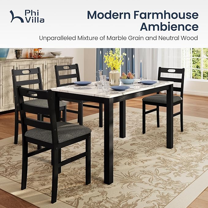 PHI VILLA Solid Wood Dining Table Set for 4, Marble Design Kitchen Table Chairs Set of 4, 5 Piece Space-Saving Dining Room Table Set for Apartment, Venatino White Marble& Black
