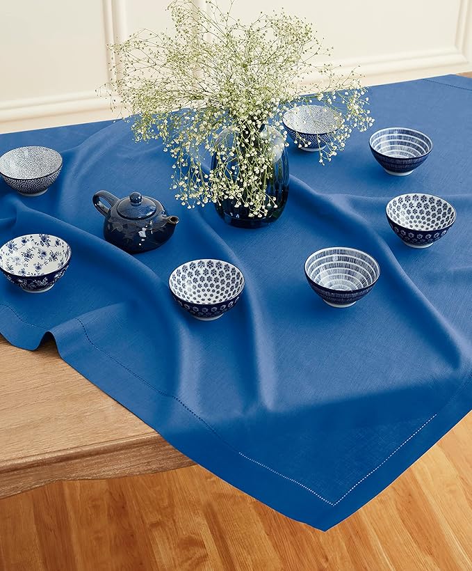 Solino Home Linen Square Tablecloth 52 x 52 Inch - 100% Pure Linen Indigo Blue Table Throw - Classic Hemstitch, Machine Washable Table Cloth for Spring, Easter