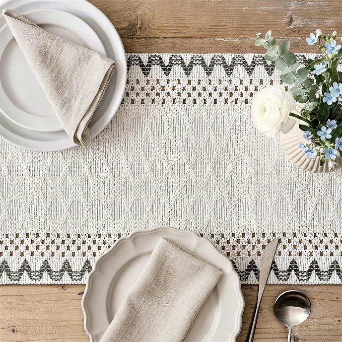 Macrame Side Trim Boho Woven Table Runner, Moss 12x108 Inch | Crochet Hollow - Image 3
