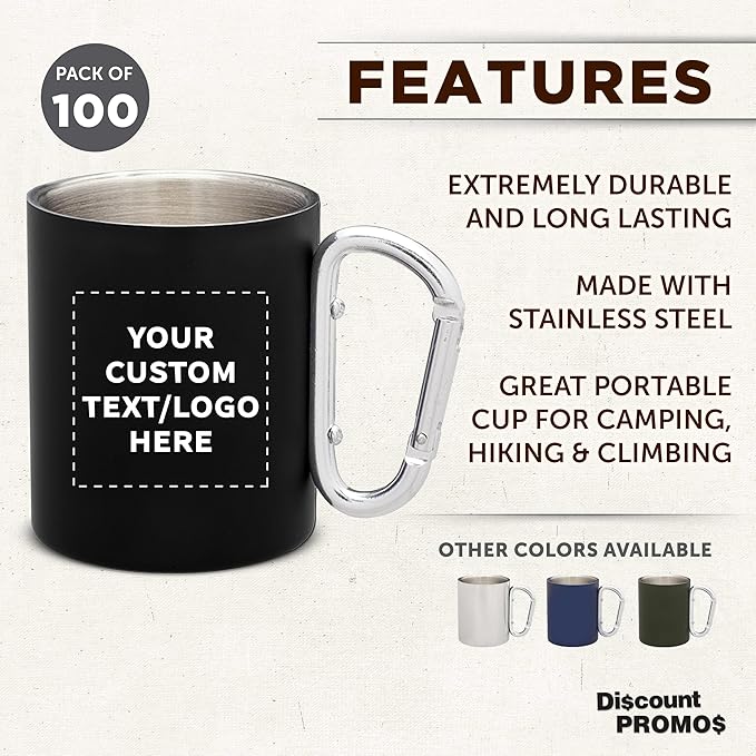 Custom Stainless Steel Mugs with Carabiner Handle 10 oz. Set of 100, Personalized Bulk Pack - Perfect for Coffee, Soda, Other Hot & Cold Beverages - Black