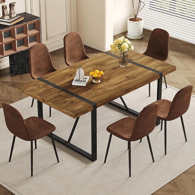 Dining Table Set for 6, Modern 71'' Dark Wood Dining Table and Fabric Dining Chairs Set of 6,Table and Chairs Set of 6,Ideal for Kitchen Dining Room