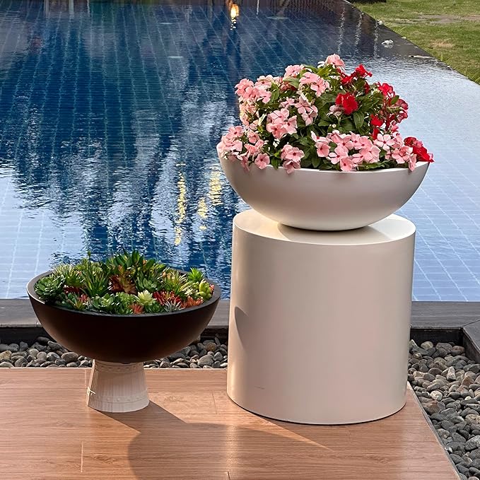 6.9" H x 19.7" D Round Bowl Fiberstone Planter for Succulent and Lotus with Drainage Hole, Smooth Finishes, Weather Resistant, Included 2 Extra Coco Mats (Taupe, 17.9" Pot Opening)
