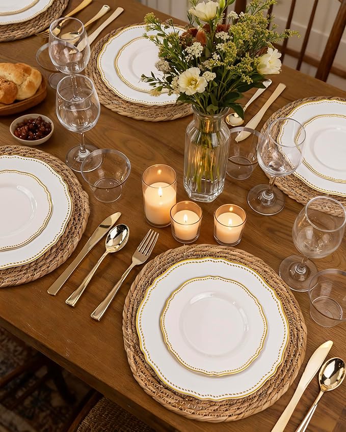 Hioasis 60PCS Ivory Plastic Plates - Ivory and Gold Disposable Dinnerware with Gold Rim, Heavy-duty, 7 inch, Dessert Plates for Party & Wedding