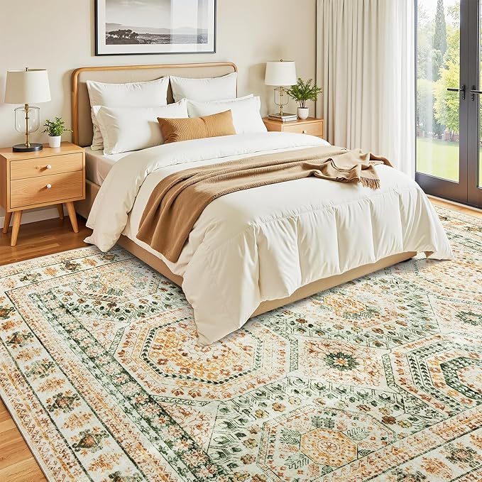 Washable Area Rug 8x10, Large Soft Rugs for Living Room Green Yellow Carpet 8x10 Area Rugs for Bedroom Dining Room Non-Slip Stain Resistant Rug