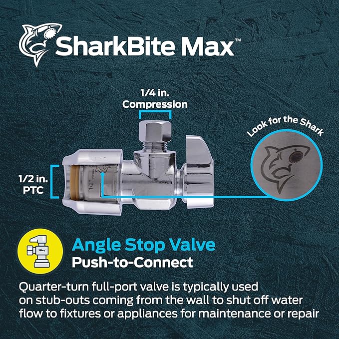 SharkBite Max 1/2 x 1/4 Inch Compression Angle Stop Valve, Quarter Turn, Push to Connect Brass Plumbing Fitting, PEX Pipe, Copper, CPVC, PE-RT, HDPE, UR23336