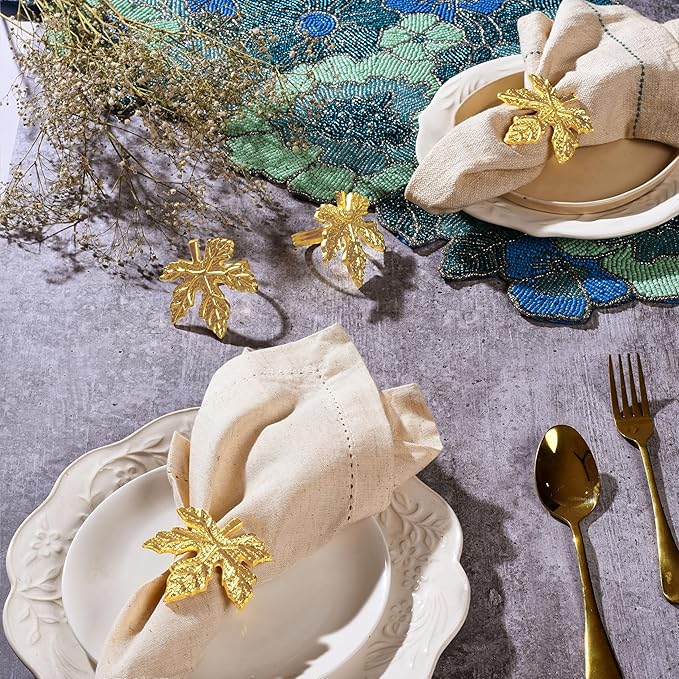 CLEENTABLE Elegant Handcrafted Leaf Napkin Rings - Set of 12 Premium Aluminum Holders for Dinner Parties, Weddings, Special Occasions & Everyday Dining (Gold)