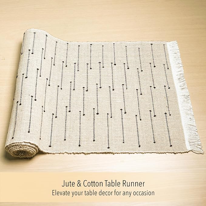 Woven Jute with Ivory/Black Handcrafted Details Decorative Table Runner - Image 6