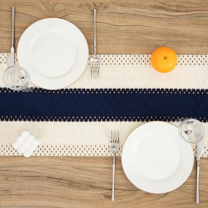 Boho Blue Table Runner, 12x36 Inches | Tassels, Summer Farmhouse, Woven Cotton - Image 2