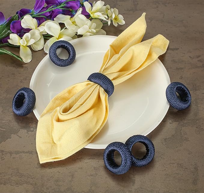 50 Pcs Woven Napkin Rings - Handcrafted Plastic & Rayon Decorative Napkin Holders for Table Settings, Dinner Parties, Weddings, Holiday Décor, Rustic Farmhouse Style (Navy Blue) - ALPHA Living HOME