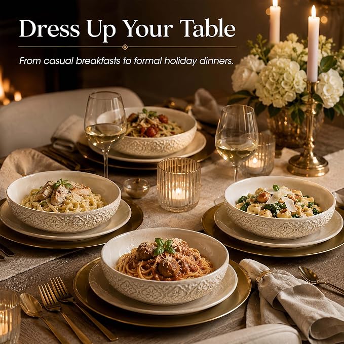 8 inch Pasta Bowls, 22 Oz Ceramic Serving Bowls Set of 4, Embossed Porcelain - Image 2