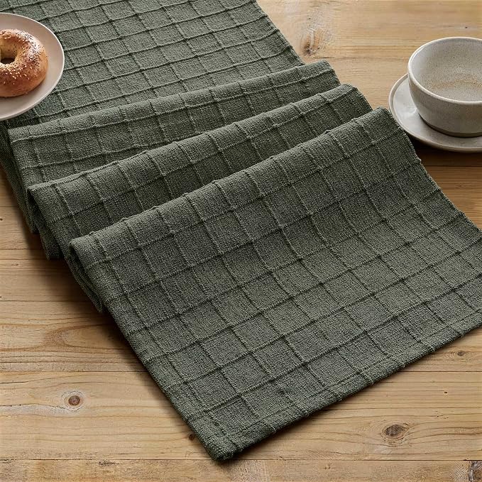 Artisanal Grid Linen Table Runner, 13x36 Inches Army Green | Heavy Textured - Image 2