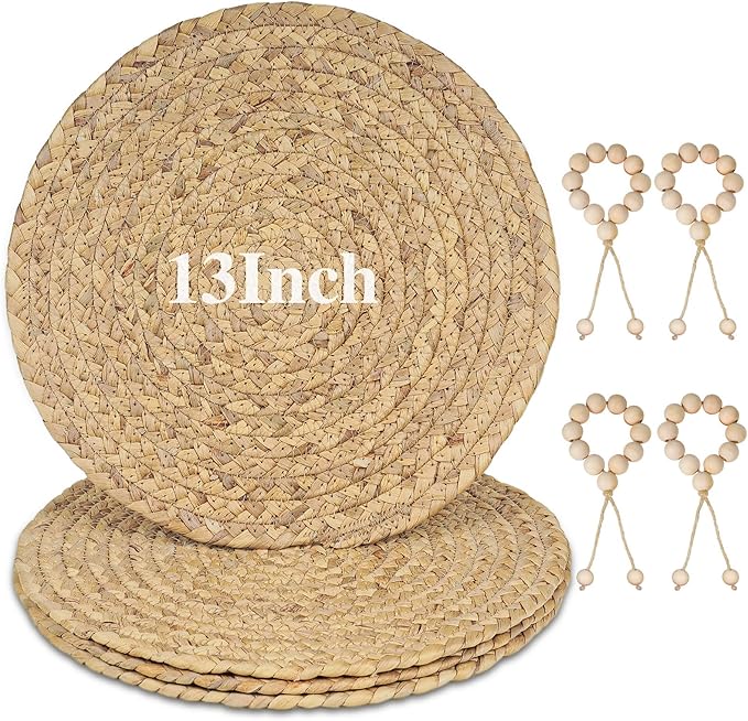 13” Woven Round Placemats Set of 4, Natural Water Hyacinth Braided Table Mats with 4 Wood Bead Napkin Rings, Washable Boho Farmhouse Rattan Place Mats for Home, Outdoor, Table Decor, Dinning, Wedding