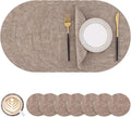 Homaxy Round Faux Leather Placemats and Coasters, Washable Dual-Side Table Mats, Wipeable Heat-Resistant Dining Place Mats for Outdoor and Indoor, Set of 8, Diameter 13 and 3.93 inch, Light Brown