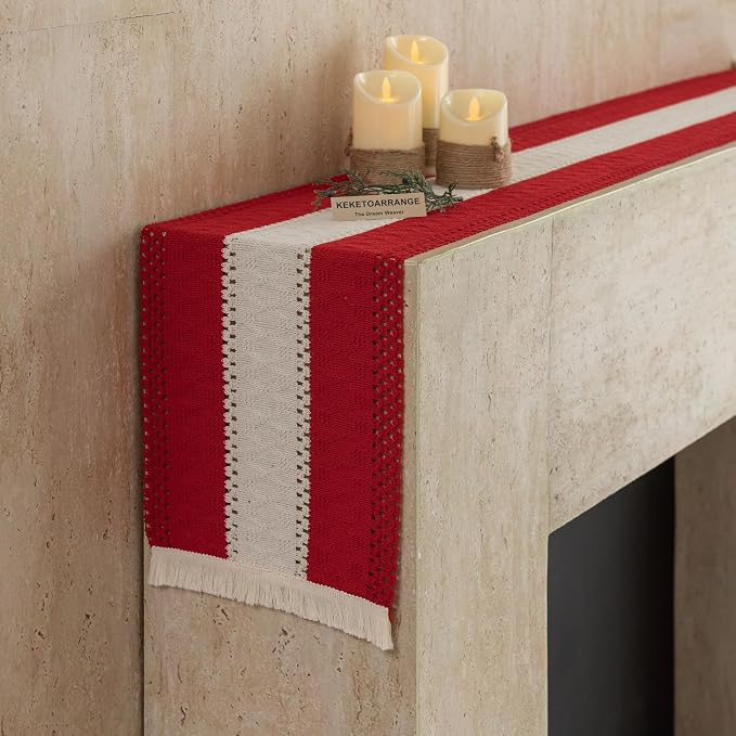Keketoarrange Christmas Red Boho Table Runner 12x36 Inch | Woven Burlap - Image 6