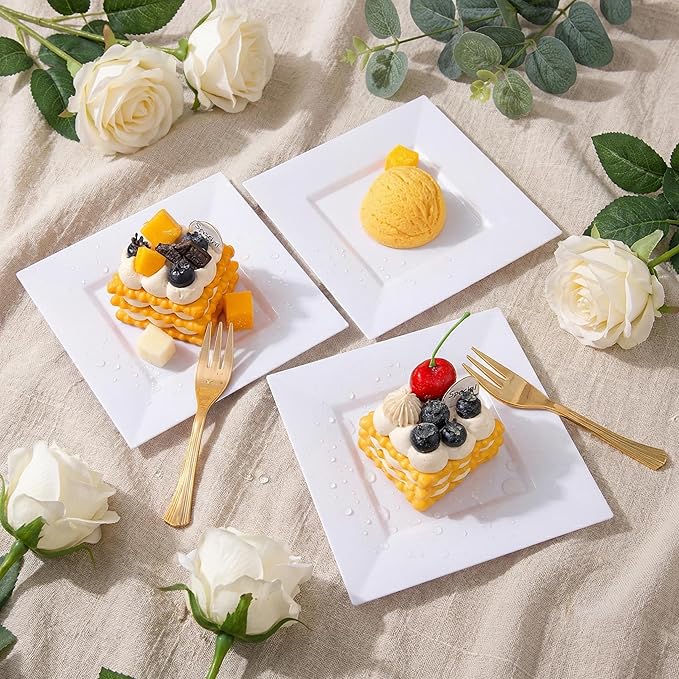 supernal 200Pcs White Dessert Plates,White Disposable Square Plates for 100 Guests, Including 100 Plastic Appetizer Plates and 100 Dessert Forks for Party Valentine's Day Afternoon tea