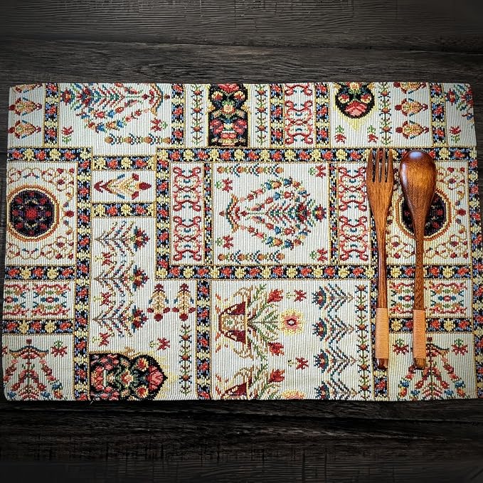 DaDa Bedding Elegant Floral Tapestry Placemats - Set of 4, Mughal-Inspired Woven Cotton Linen Dining Mats, Multi-Colored Vintage Garden Design - 13” x 19