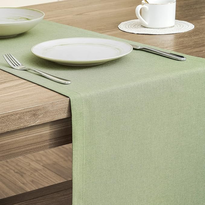 Basic Linen Style Table Runner, 14x48 Inch Sage Green | Mitered Corner Design - Image 4