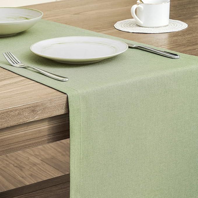 Basic Linen Style Table Runner, 14x60 Inch Sage Green | Mitered Corner Design - Image 4