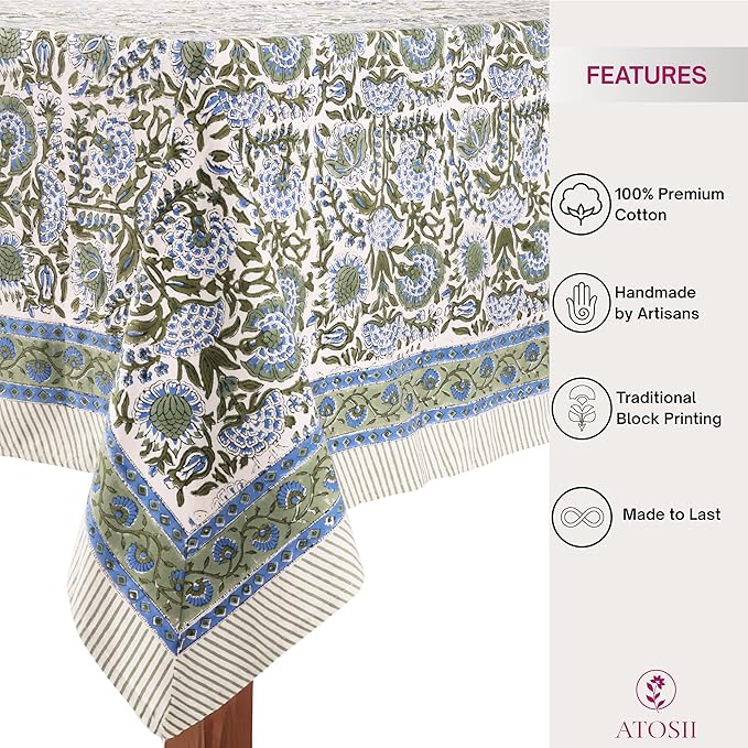 ATOSII Clover Blue 100% Cotton Rectangle Tablecloth, Handblock Floral Print Linen Table Cloth for Kitchen Dining I Parties, Outdoors, Fall Christmas Thanksgiving Holidays I 72 X 108 Inches I 8 Seater