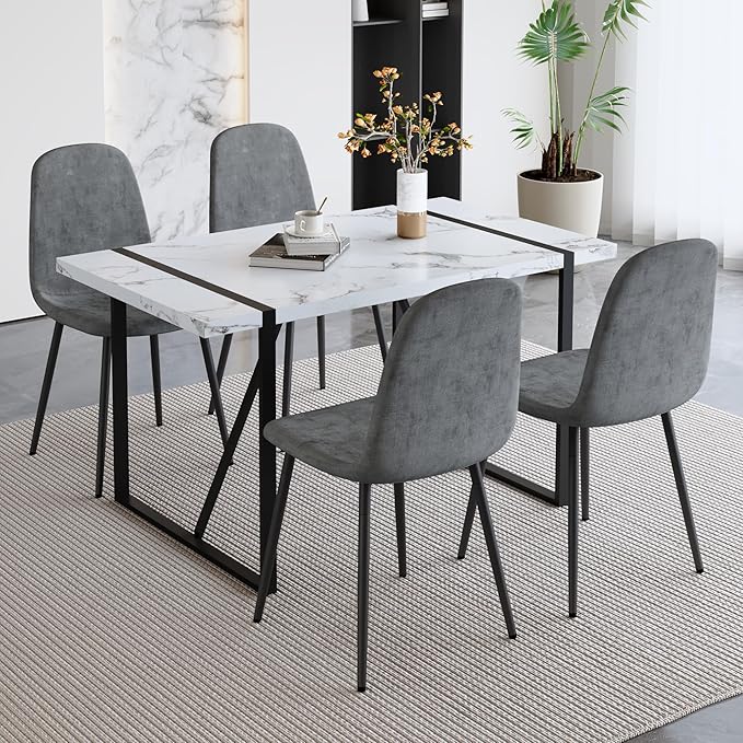 Modern 55'' Grey Wood Dining Table Set - Kitchen Table and Chairs Set of 4, Ideal for Dining Room