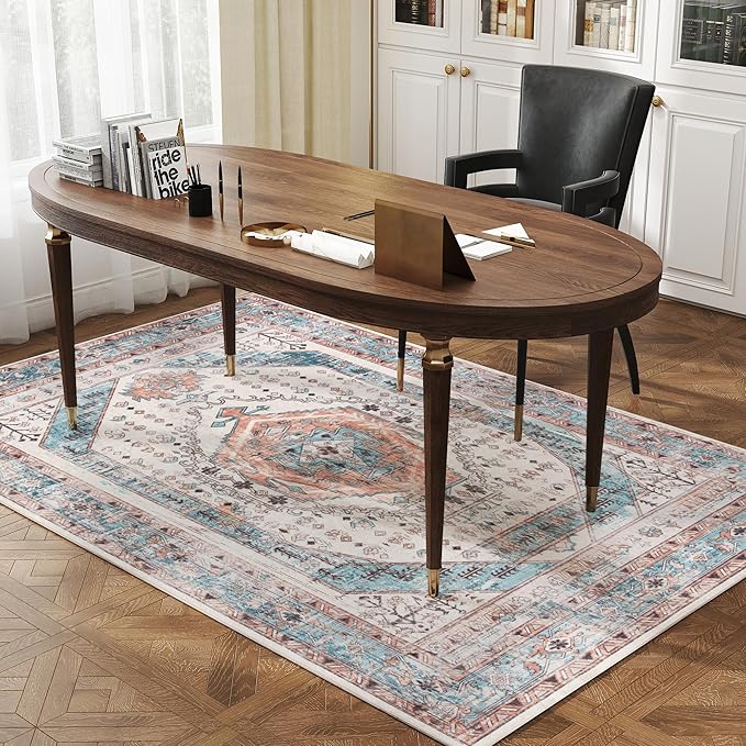 HOMCOM Washable Area Rug, 4'x6' Vintage Indoor Distressed Carpet, Retro Floor Cover Foldable, Floral Print Mat for Living Room, Bedroom, Dining Room, Brown and Blue