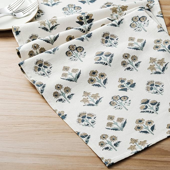 Block Print Floral Decorative Table Runners, 13x90 Inch Latte | 100% Organic - Image 6