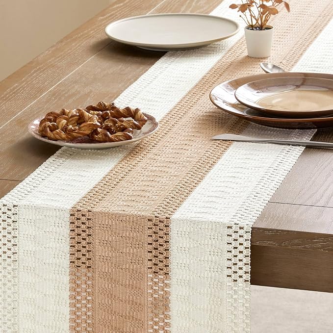 Macrame Style Bicolor Stitching Table Runner 14x90in Beige | Woven Boho Table - Image 4