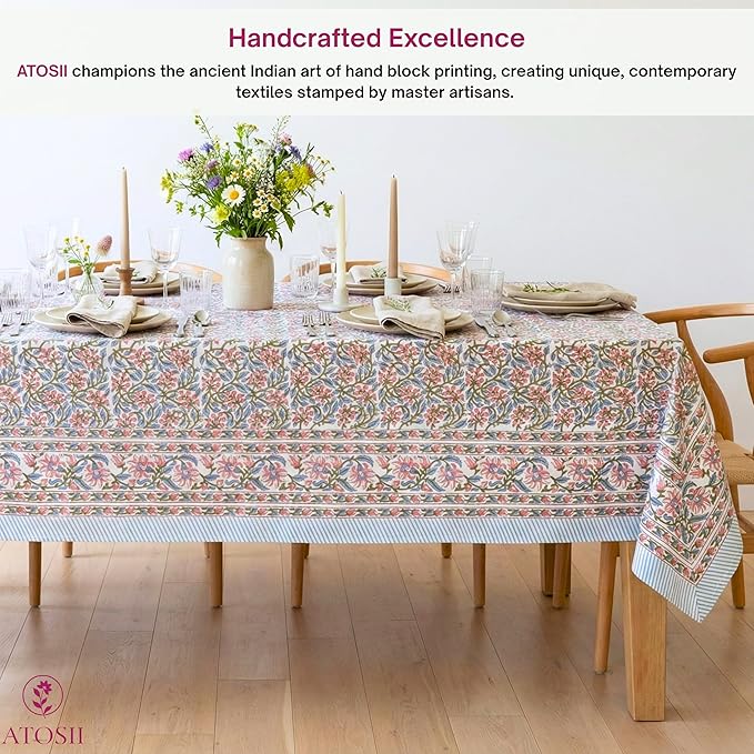 ATOSII Kalina 100% Cotton Square Tablecloth, Handblock Floral Print Linen Table Cloth for Kitchen I Dining Table I Tabletop I Parties I Wedding I Spring/Summer (60 X 60 Inches)