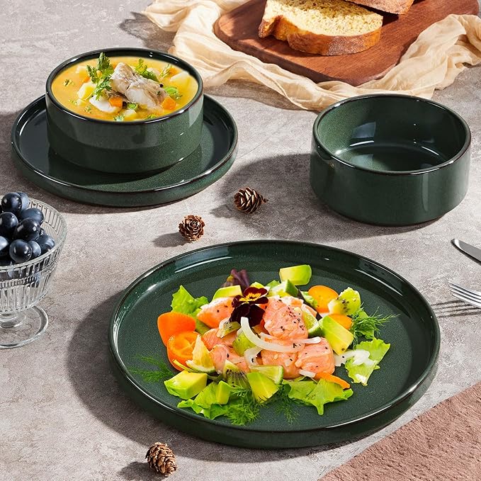 Herogo Plates and Bowls Dinnerware Sets for 8, 24 Pieces Ceramic Stoneware Dinner Dishes Set, Rustic Terracotta Bottom, Dishwasher & Microwave Safe, Dark Green
