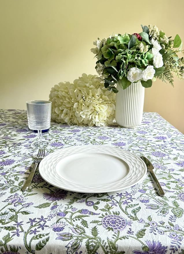 ATOSII Mahoka 100% Cotton Rectangle Fall Tablecloth, Handblock Floral Linen Table Cloth for Kitchen Dining Table I Parties Wedding Outdoors Holidays I Fall Home Decor 60 X 90 Inches I 6 Seater