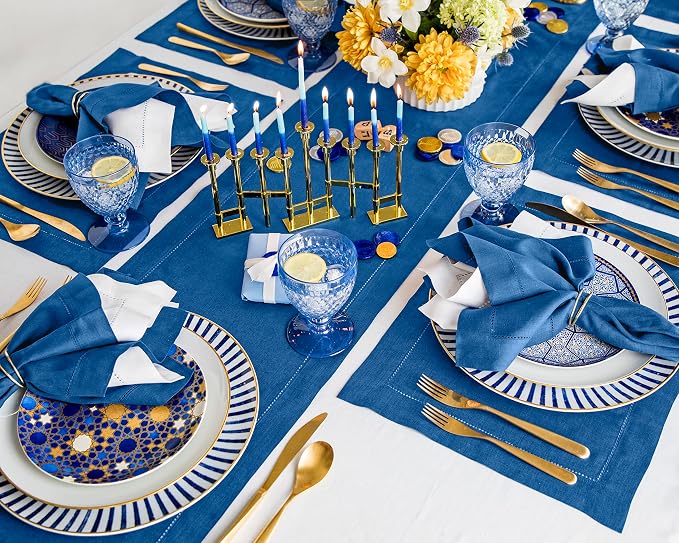 Solino Home 100% Pure Linen Table Runner Indigo Blue Hemstitch, 14 x 108 in | - Image 3