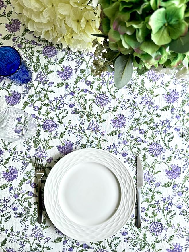 ATOSII Mahoka 100% Cotton Round Spring Summer Tablecloth, Block Print Floral Table Cloth for Kitchen Dining Linen I Parties, Weddings, OutdoorsI 72" Inches Round, 4 Seater