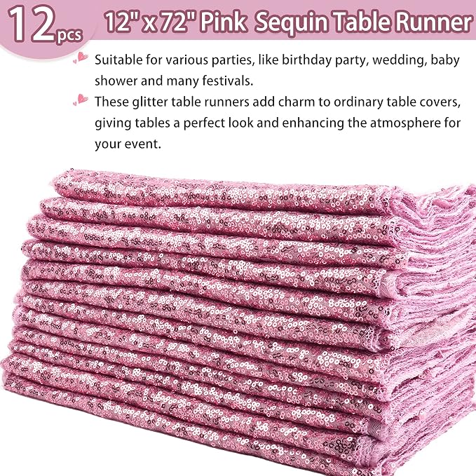 12 Packs 12 X 72 Inch Pink Sequin Table Runner Glitter Dining Table Runner - Image 2