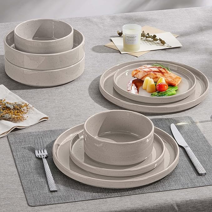 Herogo 8 Piece Plates and Bowls Set, Ceramic Dinnerware Sets with Pasta Bowls, Kitchen Dinner Ware Dishes Service for 2, Chip & Scratch Resistant Dishware, Speckled Coffee Brown