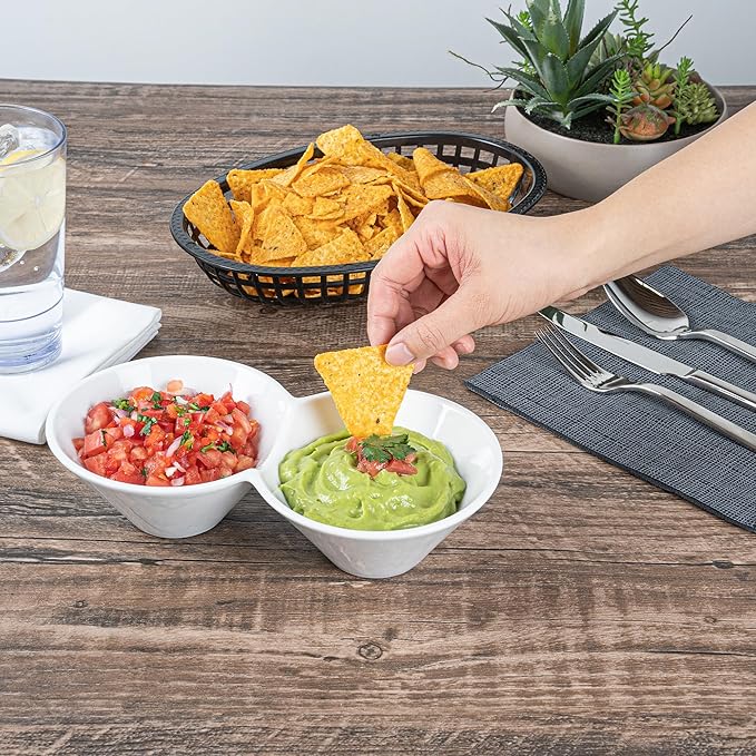 Restaurantware-9.1 x 4.9 x 2.3 Inch Double Dip Bowls, 1 Microwavable Condiment Server - 2 Compartments, Microwavable, White Porcelain Dip Tray, Dishwashable, For Snacks, Condiments, Or Toppings