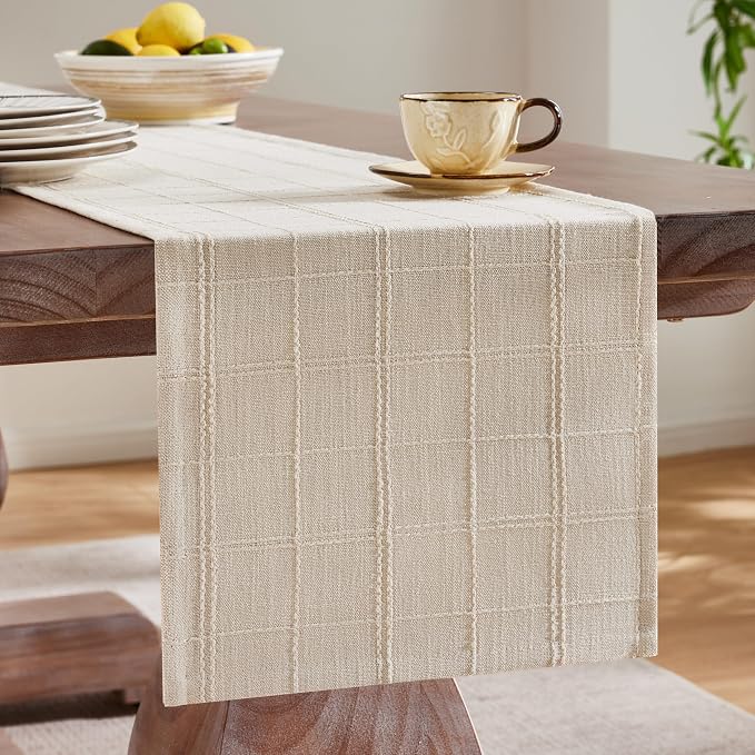 Linen Checked Farmhouse Table Runner, 13x90 Inches Neutral Beige | Raised Grid - Image 4